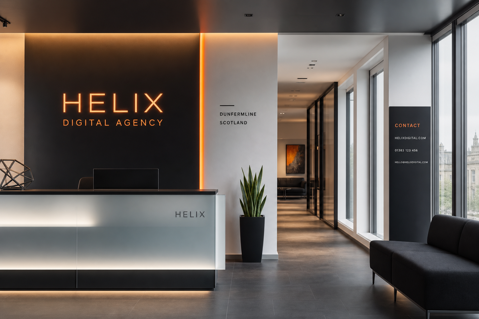 ABHOSTER LTD office reception in Dunfermline, Scotland