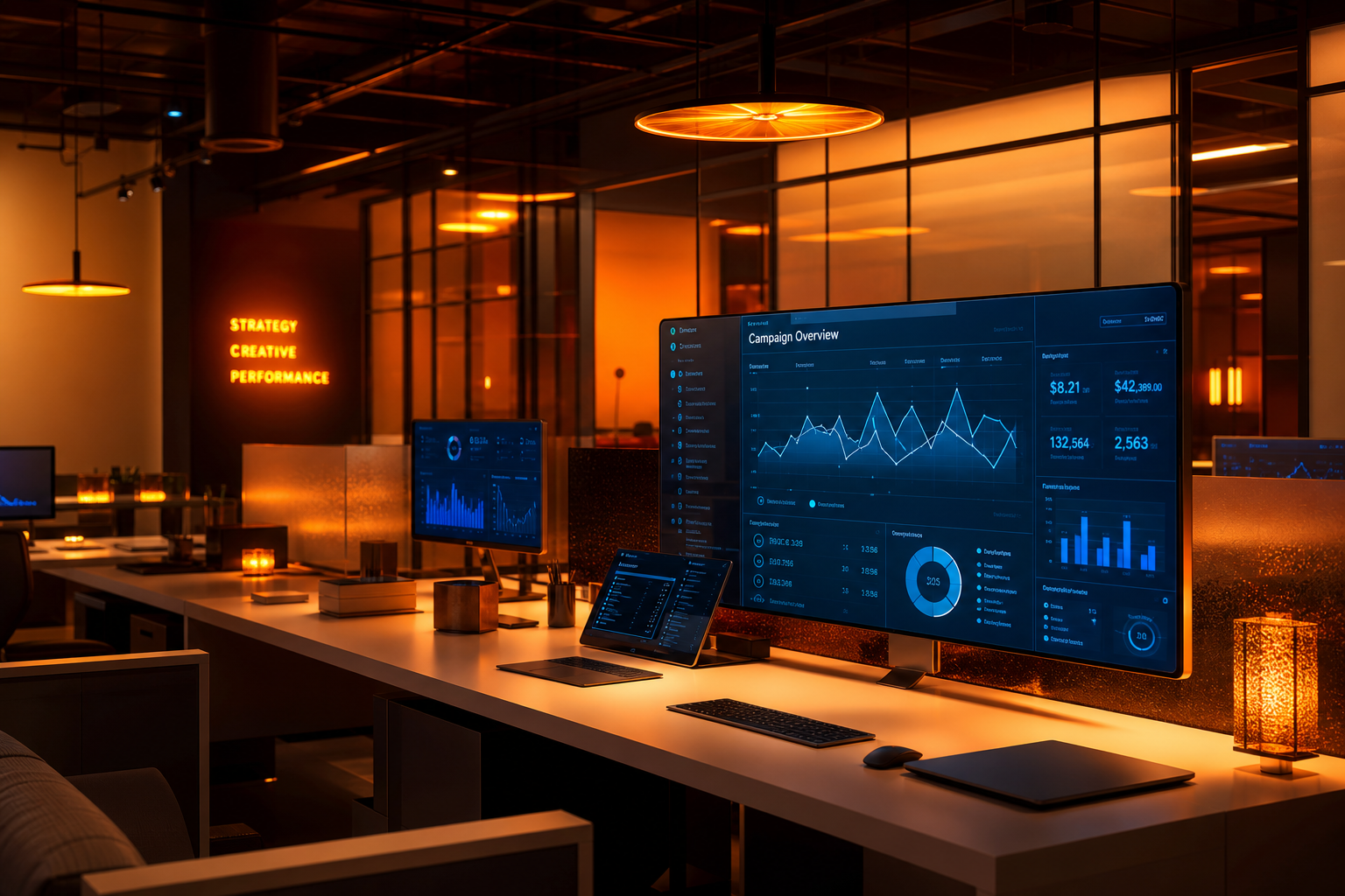 ABHOSTER LTD digital agency workspace with campaign analytics and AdTech dashboards